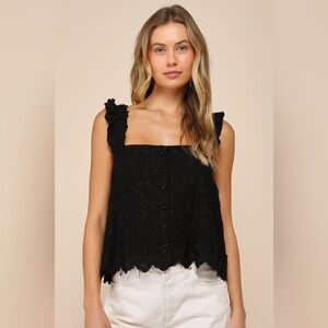 Lulu’s Cutest Weekend Black 3D Floral Embroidered Tie-Back Tank Top